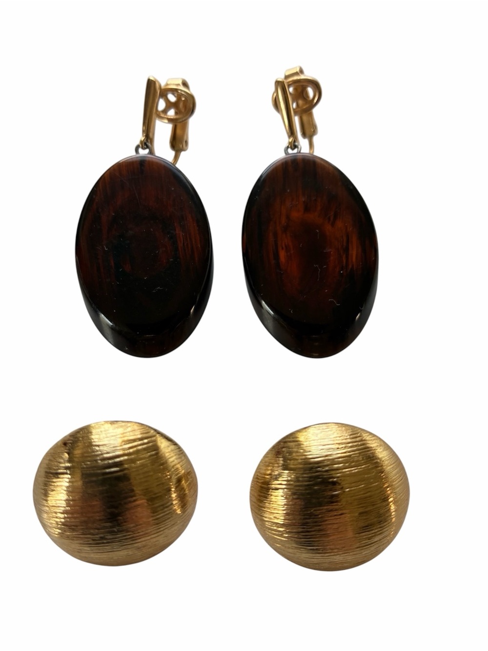 Trifari Gold-Tone and Tortoiseshell Lucite Oval Clip-On Earrings Set of 2